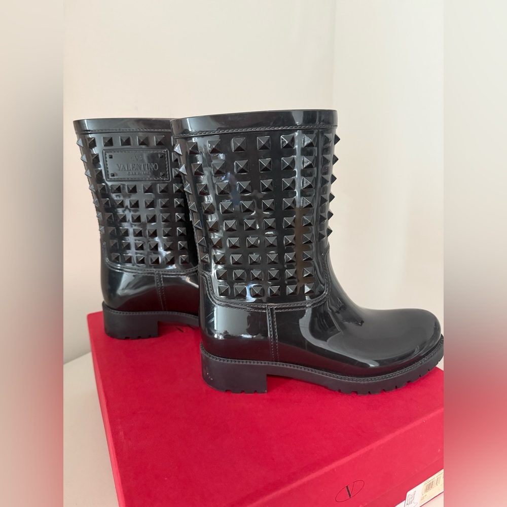 Valentino Black Gloss Studded Mid-Calf Rain Boots